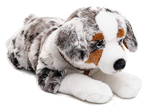 Uni-Toys - Australischer Schäferhund mit Geschirr, liegend - 63 cm (Länge) - Plüsch-Hund, Haustier - Plüschtier, Kuscheltier von Uni-Toys