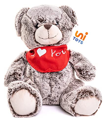 Uni-Toys - Teddybär, superweich (Dunkelbraun) - Mit Halstuch I Love You - 24 cm (Höhe) - Plüsch-Bär, Teddy - Plüschtier, Kuscheltier von Uni-Toys
