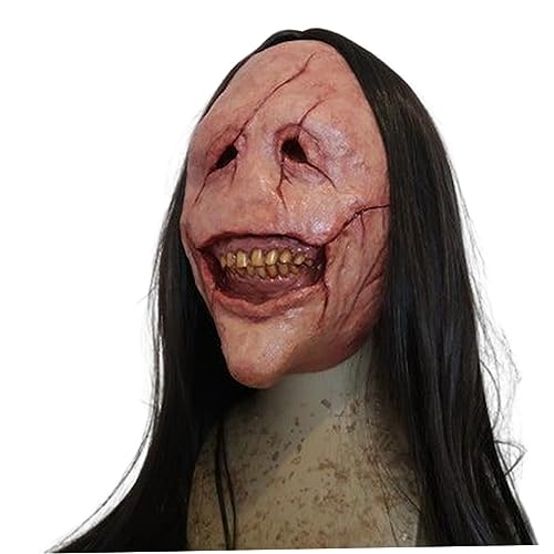 Gruselige Grinmaske für Erwachsene, gruselige Halloween -Maske, rote Narbengesichtsmaske mit schwarzem langem Haar, lächelnd Dämon Latex Realistische Horrormaske, Ghost Devil Zombie Cosplay Kostümmas von Unicoco