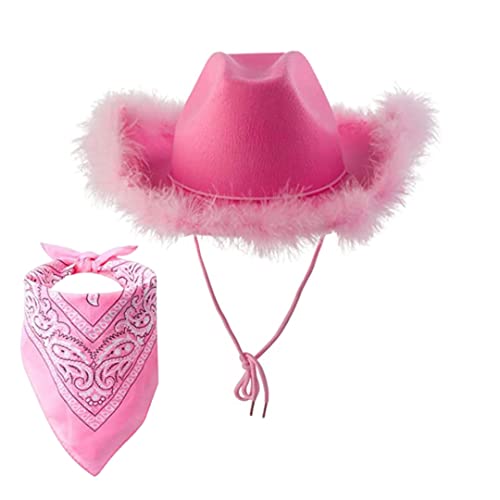 Unicoco Cowboyhut Cowgirl Hüte mit Schal -Kostüm -Accessoire Set für Halloween Bachelorette Party Me Party Kostüme 2PCS, Cowgirl Kostüm Frauen von Unicoco