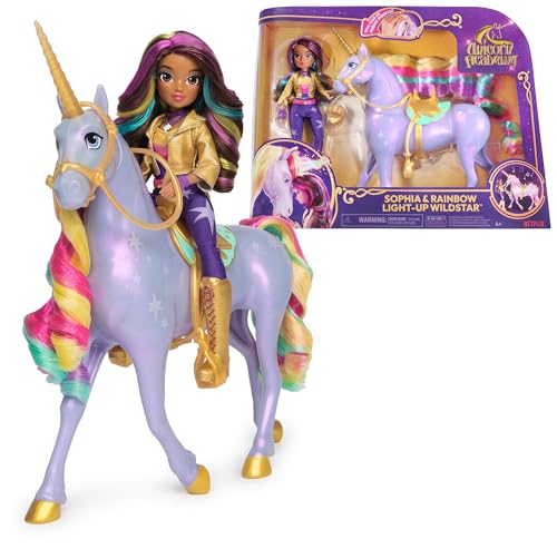 Unicorn Academy Sophia und Licht-Magie Wildstar - ca. 28 cm großes Einhorn mit Licht- und Soundeffekten und 24 cm große vollbewegliche Ankleidepuppe zur beliebten Netflix-Serie, für Kinder ab 4 Jahren von Unicorn Academy