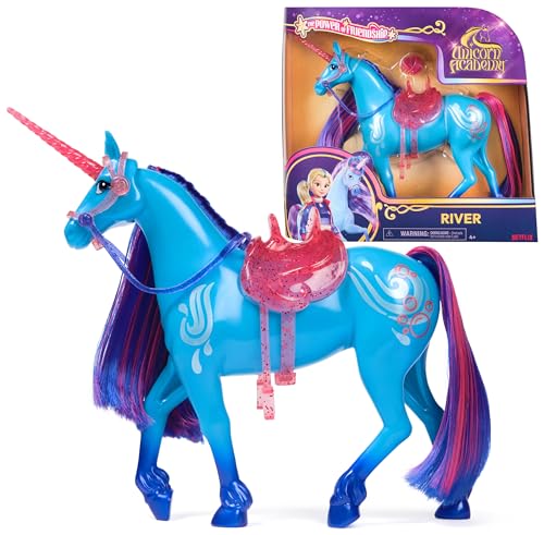 Unicorn Academy Einhorn River - 28 cm groß, Original-Einhorn von Isabel zur Netflix-Serie, mit echter Mähne und Schweif, abnehmbarem Zaumzeug und Sattel sowie Bürste, für Kinder ab 4 Jahren von Unicorn Academy
