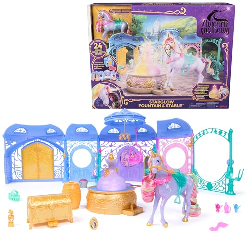 Unicorn Academy - Stall Spielset 90 cm inkl. Brunnen mit Licht- und Soundeffekten, ca. 12 cm großem Einhorn und 24 Accessoires, Original Spielset zur beliebten Netflix Serie, für Kinder ab 4 Jahren von Unicorn Academy