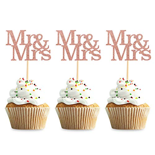 24 Stück Mr Mrs Cupcake Toppers Liebe Herr Frau Cupcake Picks Roségold Glitter Hochzeit Cucpake Topper Brautdusche Kuchen Dekorationen Partyzubehör von Unimall Global