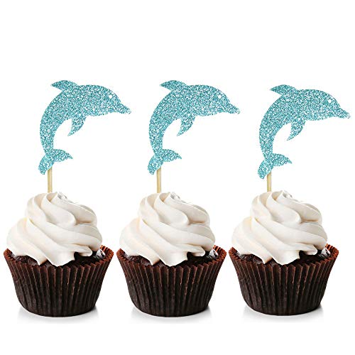 Unimall Global 24Pcs Glitter Blue Dolphin Cupcake Topper Meeresthema Cupcake Picks für Babyparty Meeresthema Geburtstagsfeier Dekoration Zubehör von AWEHIRU