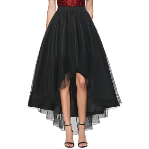 UniqKaliber Asymmetrischer Tüllrock, für Hochzeit, Party, Abschlussball, Cocktail, Netzstoff, langer Tüllrock für Partys, Schwarz , XS-L von UniqKaliber