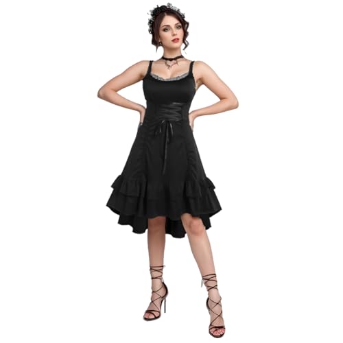 UniqKaliber Gothic Viktorianische Kleider für Damen, Renaissance High Low Kleid Ärmelloses Steampunk Kleid Piraten Kostüm von UniqKaliber