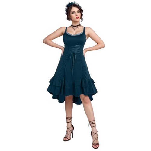 UniqKaliber Gothic Viktorianische Kleider für Damen, Renaissance High Low Kleid Ärmelloses Steampunk Kleid Piraten Kostüm von UniqKaliber