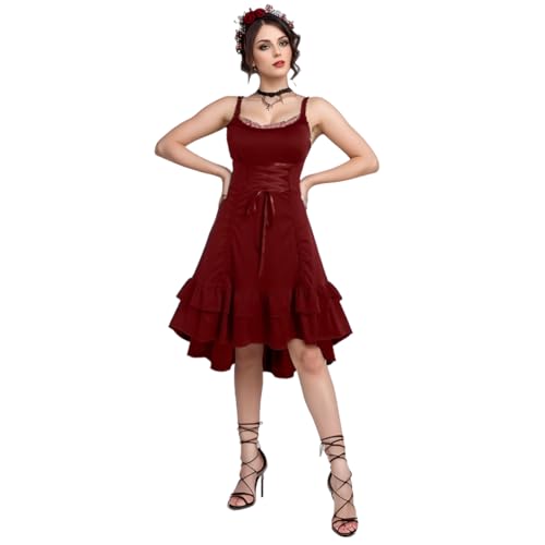 UniqKaliber Gothic Viktorianische Kleider für Damen, Renaissance High Low Kleid Ärmelloses Steampunk Kleid Piraten Kostüm von UniqKaliber