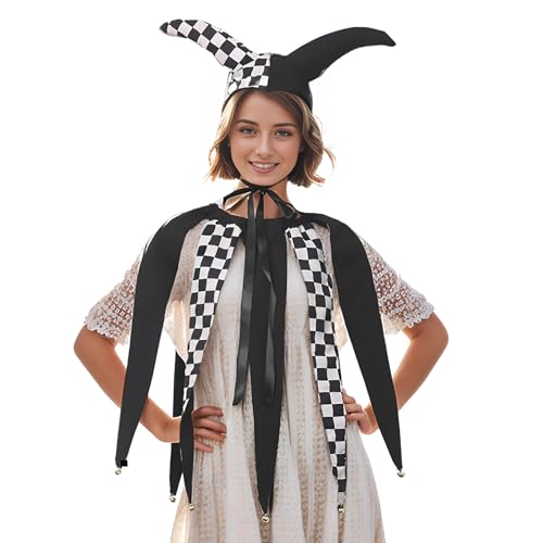 UniqKaliber Weihnachtsnarren-Halsband und Mütze, kariert, viktorianischer Clown, Choker mit Glöckchen, Kostümzubehör von UniqKaliber