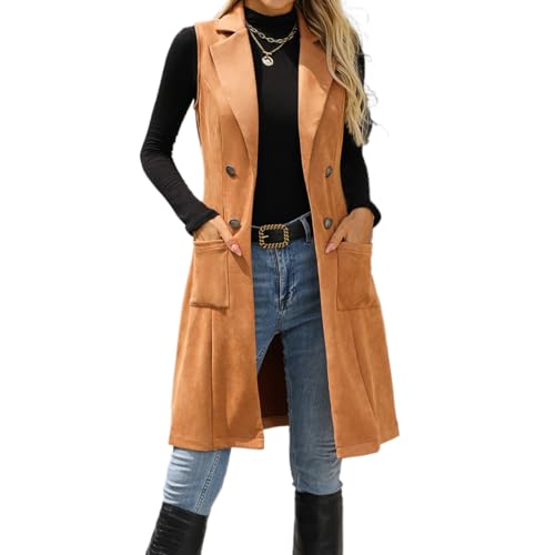 UniqKaliber Wildlederweste für Damen, lange offene Vorderseite, ärmellos, Blazer-Jacken, Büro-Oberbekleidung, Mantel, khaki, S UniqKaliber Wildlederweste für Damen, lange offene Vorderseite, ärmellos, Blazer-Jacken, Büro-Oberbekleidung, Mantel, khaki, S von UniqKaliber