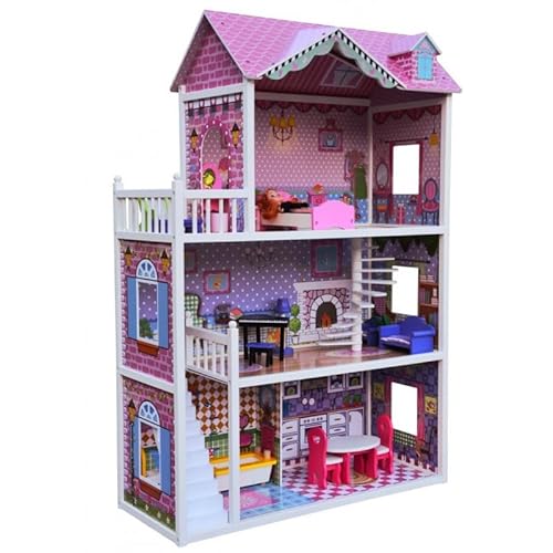 Puppenhaus Holz 123,5x84x34,5 cm – 3 Etagen, 4 Zimmer, Balkon & Terrasse, inkl. 18 Möbelteilen – rosa Pastell Spielhaus ab 3 Jahren, EN71/CE geprüft, Unique Nature von Unique Nature