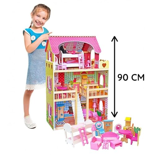 Puppenhaus Holz 90x30x59 cm – 3 Etagen, 5 Zimmer & Balkon, inkl. 17 Möbelteilen – pastellfarbenes Spielhaus ab 3 Jahren, EN71/CE geprüft, stabiles Holz von Unique Nature von Unique Nature