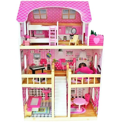 Puppenhaus Holz 90x30x59 cm – 3 Etagen, 5 Zimmer & Terrasse, inkl. 17 Möbelteilen – rosa Pastell Spielhaus ab 3 Jahren, EN71/CE geprüft, stabiles Holz von Unique Nature von Unique Nature