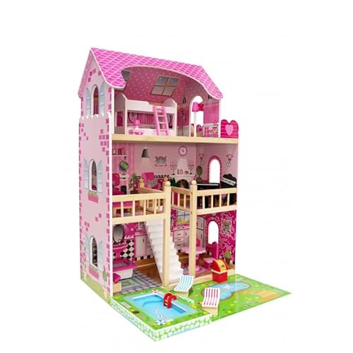 Puppenhaus Holz Daria 90x59x59,5 cm – 3 Etagen mit Terrasse & Pool – inkl. 20 Möbelteilen – stabiles Spielhaus rosa Pastell ab 3 Jahren, EN71 geprüft von Unique Nature von Unique Nature