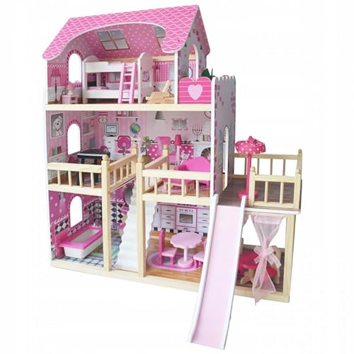 Puppenhaus Holz Larysa 90x83x30 cm – 3 Etagen mit Balkon & Rutsche – inkl. 20 Möbelteilen – stabiles Spielhaus rosa Pastell ab 3 Jahren, EN71 geprüft von Unique Nature von Unique Nature