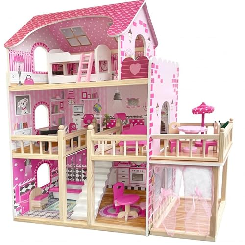 Puppenhaus Holz Nadia 90x83x30 cm – 3 Etagen mit Balkon & Terrasse – inkl. 23 Möbelteilen – stabiles rosa Spielhaus ab 3 Jahren, EN71 geprüft von Unique Nature von Unique Nature