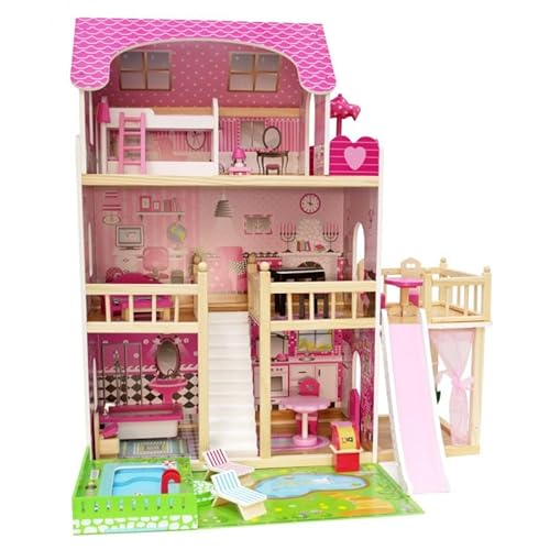 Puppenhaus Holz Sonia 90x83x59,5 cm – 3 Etagen mit Pool, Teich & Balkon – inkl. 19 Möbelteilen – stabiles rosa Spielhaus ab 3 Jahren, EN71 geprüft von Unique Nature von Unique Nature