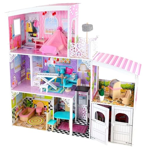 Puppenhaus Holz XXL 112,5x112x31,5 cm – 3 Etagen mit Aufzug, Garage, Balkon & Zubehör – stabiles rosa Pastell Spielhaus ab 3 Jahren, EN71 geprüft, Unique Nature von Unique Nature