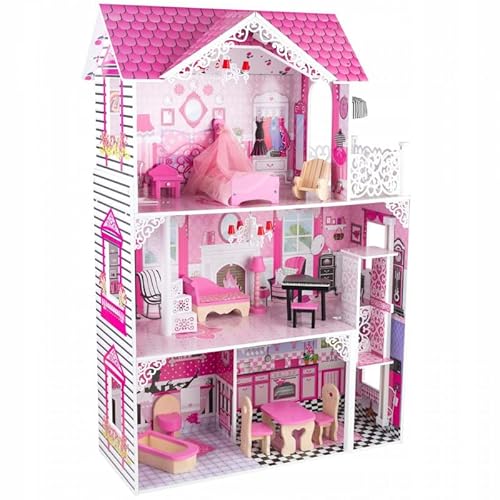 Puppenhaus Holz XXL 119,5x80x35 cm – 3 Etagen mit Aufzug, Balkon & Zubehör – stabiles rosa Pastell Spielhaus ab 3 Jahren, EN71 geprüft, Unique Nature von Unique Nature