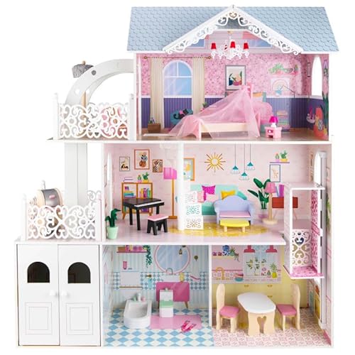 Puppenhaus Holz XXL 120x110x35 cm – 3 Etagen mit Aufzug, 2 Balkonen, Garage & 17 Möbelteilen – stabiles rosa Pastell Spielhaus ab 3 Jahren, EN71 geprüft, Unique Nature von Unique Nature