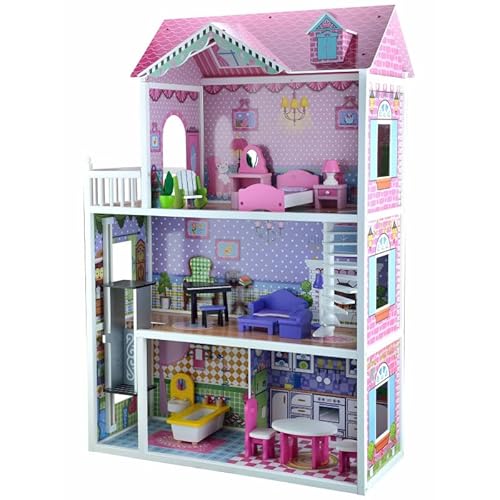 Puppenhaus Holz XXL 124x84x34 cm – 3 Etagen mit Aufzug, Balkon & Zubehör – rosa Pastell Spielhaus ab 3 Jahren, EN71 geprüft, stabiles Holzspielzeug von Unique Nature von Unique Nature