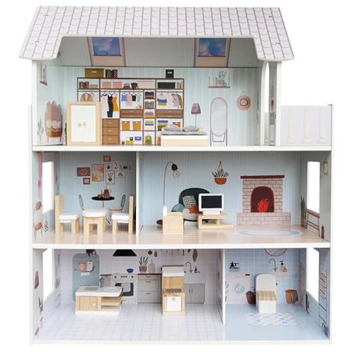 Puppenhaus Holz groß 70x60x24 cm – 3 Etagen mit Möbeln & Balkon, rosa Pastell Spielhaus ab 3 Jahren – stabiles Montessori Puppenhaus für Mädchen inkl. Zubehör von Unique Nature