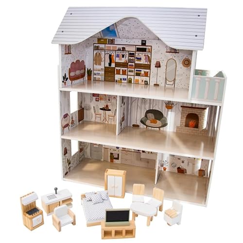 Puppenhaus Holz groß 70x60x24 cm – 3 Etagen mit Möbeln & Balkon, rosa Pastell Spielhaus ab 3 Jahren – stabiles Montessori Puppenhaus für Mädchen inkl. Zubehör von Unique Nature