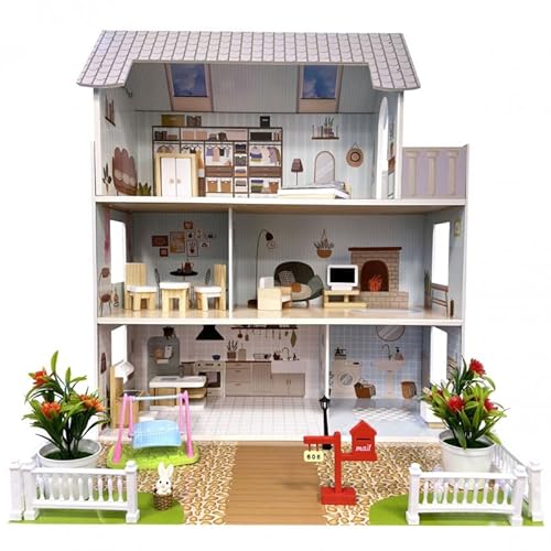 Puppenhaus Holz groß 70x61,5x50 cm – 3 Etagen mit Möbeln, Balkon & Garten, rosa Pastell Spielhaus ab 3 Jahren – stabiles Montessori Puppenhaus inkl. Zubehör von Unique Nature