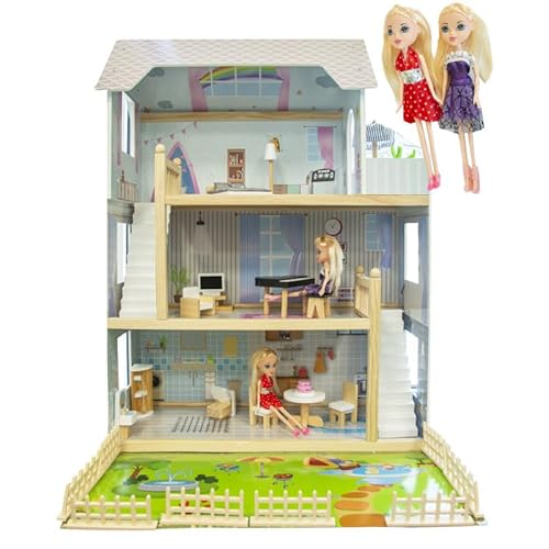 Puppenhaus Holz groß 83x61,5x52,5 cm – 3 Etagen mit Möbeln & Garten, rosa Spielhaus ab 3 Jahre – stabiles Montessori Puppenhaus mit Balkon & Zubehör-Set von Unique Nature