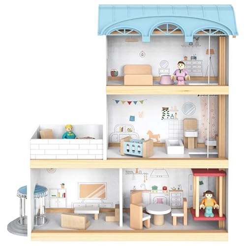 Puppenhaus Holz klein 41,5x39x13,5 cm – 3 Etagen mit Aufzug, Balkon & 14 Möbelteilen – stabiles Montessori Spielhaus ab 3 Jahren in Weiß/Blau Pastellfarben Puppenhaus Holz klein 41,5x39x13,5 cm – 3 Etagen mit Aufzug, Balkon & 14 Möbelteilen – stabiles Montessori Spielhaus ab 3 Jahren in Weiß/Blau Pastellfarben von Unique Nature