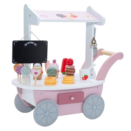 Unique Nature Eisdiele Spielzeug Holz rosa/weiß 45x27x45 cm auf Rädern – Kinder Eiswagen ab 3 Jahren mit Eiskugeln, Zubehör & Schublade – Rollenspiel Sunday-Funday von Unique Nature