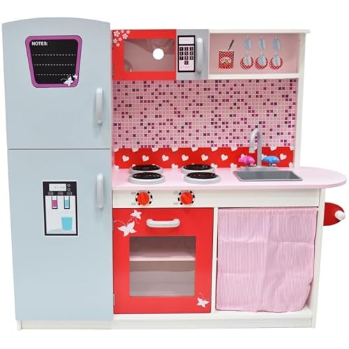 Unique Nature Kinderküche Holz ANETA 105x112x35 cm – große Spielküche im Retro Pin-Up Stil ab 3 Jahren, stabile Holzküche rosa/weiß mit Kühlschrank, Backofen, Spüle & Zubehör von Unique Nature