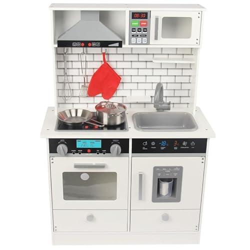 Unique Nature Kinderküche Holz BittyBakers – Spielküche 93x65x30 cm weiß-schwarz ab 3 Jahren, stabile Holzküche mit Herd, Spüle, Kühlschrank & Zubehör, pädagogische Spielküche von Unique Nature