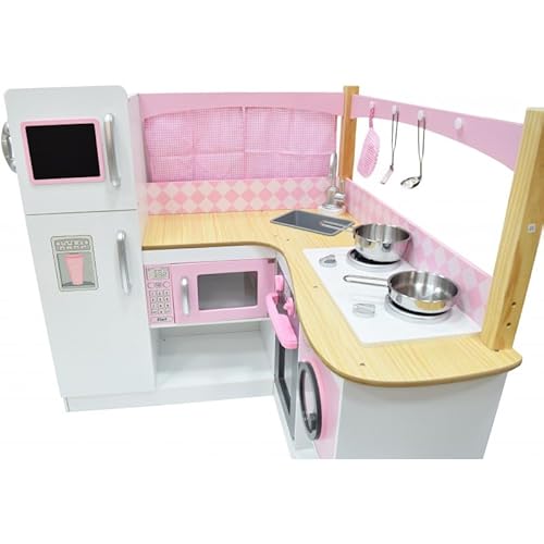 Unique Nature Kinderküche Holz Eckküche 103x96x32 cm – große Spielküche ab 3 Jahren mit Kühlschrank, Spüle, Backofen & Mikrowelle – stabile Holzküche mit Zubehör im modernen Retro-Stil von Unique Nature