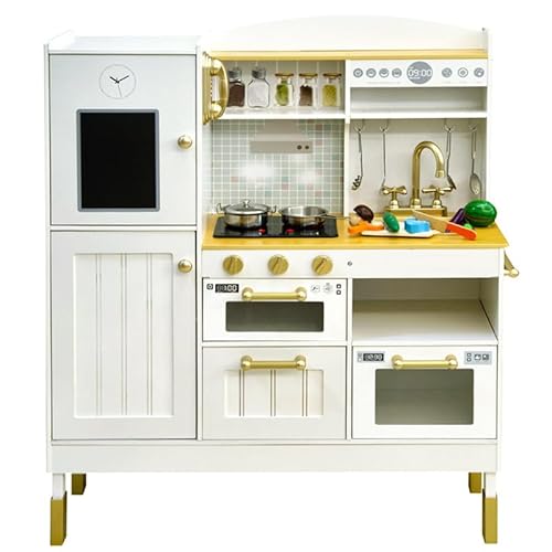 Unique Nature Kinderküche Holz KiddyKitchen 105,5x88x30 cm – große Spielküche ab 3 Jahren mit Zubehör, stabil & hochwertig, Moderne Holzküche weiß mit Kühlschrank, Spüle & Backofen von Unique Nature