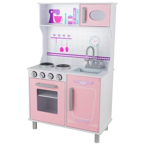 Unique Nature Kinderküche Holz KitchenFun – Spielküche 98x60x31 cm rosa-blau ab 3 Jahren, stabile Holzküche mit Herd, Backofen, Mikrowelle, Spüle & Schrank für Zubehör von Unique Nature