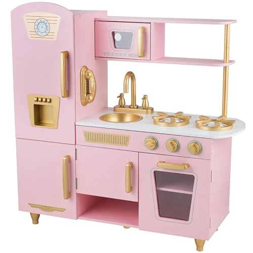 Unique Nature Kinderküche Holz KitchenJoy PINK – Spielküche 88,3x85x29,5 cm ab 3 Jahren, stabile Holzküche rosa-Gold mit Herd, Spüle, Kühlschrank & Zubehör für kreatives Spielen von Unique Nature