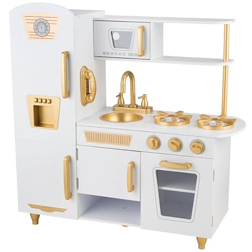 Unique Nature Kinderküche Holz KitchenJoy White – Spielküche 88x85,5x33 cm ab 3 Jahren, stabile Holzküche weiß-Gold mit Herd, Spüle, Kühlschrank & Zubehör für kreatives Rollenspiel von Unique Nature