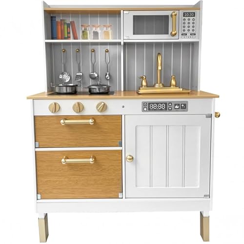 Unique Nature Kinderküche Holz LittleChef 2COLORS – Spielküche 89x70x30 cm weiß-braun ab 3 Jahren, stabile Holzküche im Boho-Stil mit Herd, Backofen, Mikrowelle & Zubehör von Unique Nature