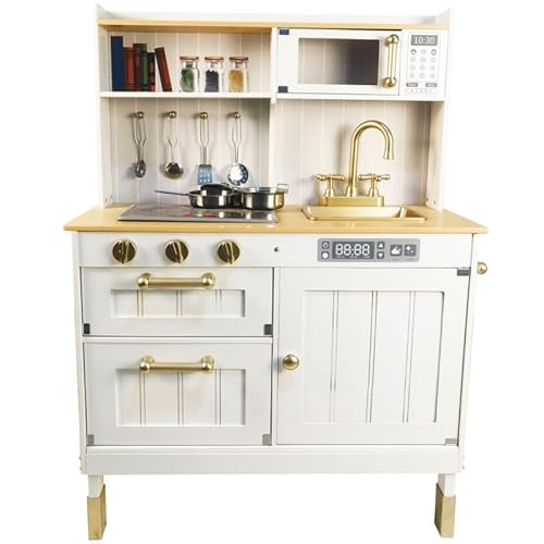 Unique Nature Kinderküche Holz LittleChef White – Spielküche 89x70x30 cm weiß-Gold ab 3 Jahren, stabile Holzküche im Retro-Stil mit Herd, Backofen, Mikrowelle, Spüle & Zubehör von Unique Nature