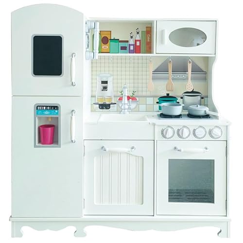Unique Nature Kinderküche Holz LittleFoodies 103x97x33,5 cm – große Spielküche ab 3 Jahren in Weiß mit Backofen, Mikrowelle, Kühlschrank & Zubehör – stabile Holzküche mit Telefon & Regal von Unique Nature