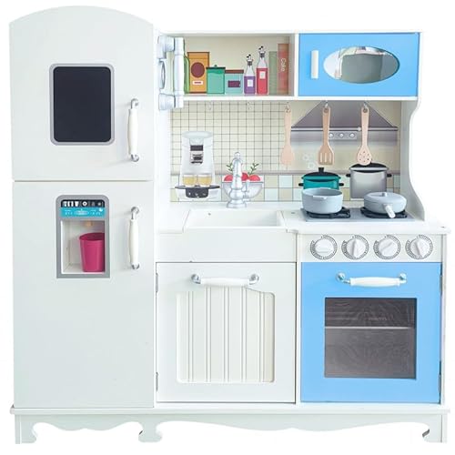 Unique Nature Kinderküche Holz LittleFoodies Mint-Blue 103x97x33,5 cm – große Spielküche ab 3 Jahren in Blau/Weiß mit Backofen, Mikrowelle, Kühlschrank & Zubehör – stabile Holzküche im Retro-Design von Unique Nature