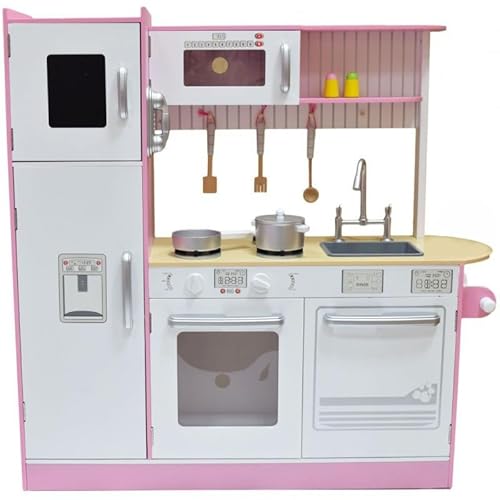 Unique Nature Kinderküche Holz Mary 104x109x35 cm – große Spielküche ab 3 Jahren in Rosa/Weiß mit Backofen, Kühlschrank, Waschmaschine & Zubehör – stabile Holzküche mit Kreidetafel von Unique Nature