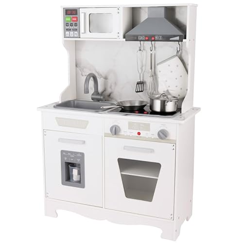 Unique Nature Kinderküche Holz MiniKitchenPlay – Spielküche 93x65x30 cm weiß-schwarz ab 3 Jahren, stabile Holzküche mit Herd, Backofen, Spüle, Mikrowelle & Zubehör von Unique Nature