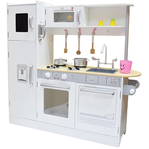 Unique Nature Kinderküche Holz Mirka 104x109x35 cm – große Spielküche ab 3 Jahren in Weiß mit Backofen, Kühlschrank, Mikrowelle, Waschmaschine & Zubehör – stabile Holzküche mit Kreidetafel von Unique Nature