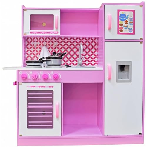 Unique Nature Kinderküche Holz Nikola 101x102x32 cm – große Spielküche ab 3 Jahren in Rosa/Weiß mit Backofen, Kühlschrank, Mikrowelle & Zubehör – stabile Holzküche mit klick-Drehknöpfen von Unique Nature