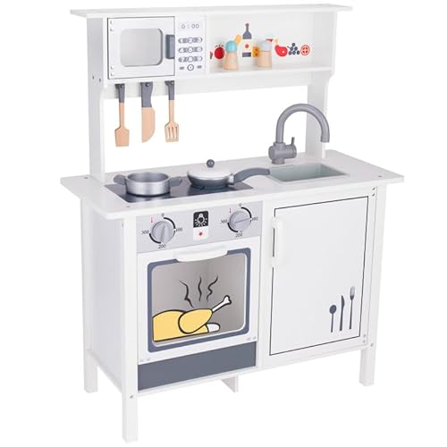 Unique Nature Kinderküche Holz PetiteBakeOff – Spielküche 86x70x29,5 cm weiß-grau ab 3 Jahren, stabile Holzküche mit Herd, Backofen, Mikrowelle, Spüle & Zubehör, pädagogisch wertvoll von Unique Nature