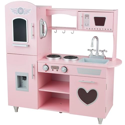 Unique Nature Kinderküche Holz TinyTotsKitchen PINK – Spielküche 88,5x85x30 cm rosa-grau ab 3 Jahren, stabile Holzküche mit Spüle, Herd, Kühlschrank & Zubehör für kreatives Rollenspiel von Unique Nature