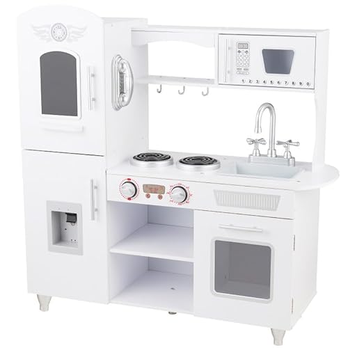 Unique Nature Kinderküche Holz TinyTotsKitchen White – Spielküche 88,5x85,5x32 cm ab 3 Jahren, stabile Holzküche weiß-grau mit Kühlschrank, Spüle, Herd & Zubehör für kreatives Spielen von Unique Nature